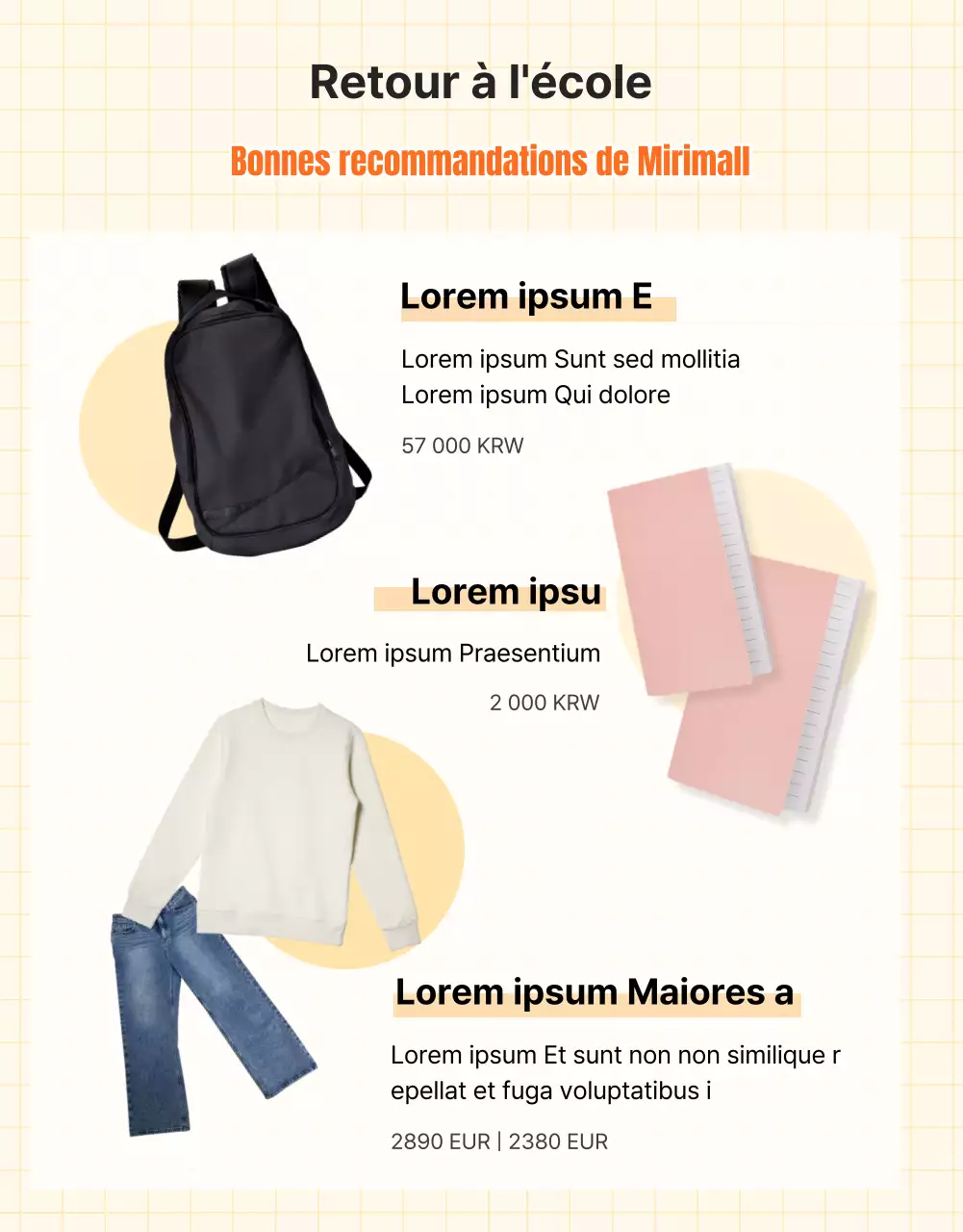 Collection de fournitures scolaires illustrées pour la rentrée des classes sur fond jaune