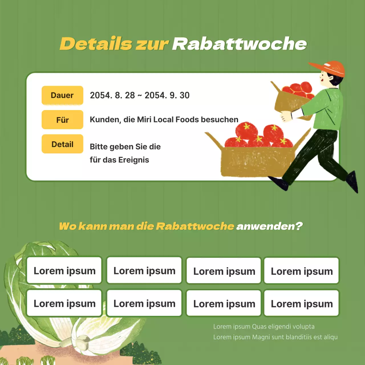 Eine Werbung für einen Bauernmarkt mit einer lindgrünen Illustration von Gemüse.