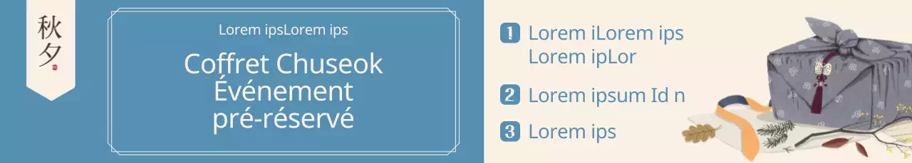 Bannière d'événement avec illustration d'un cadeau sur un fond harmonieux de tons bleus et ivoires