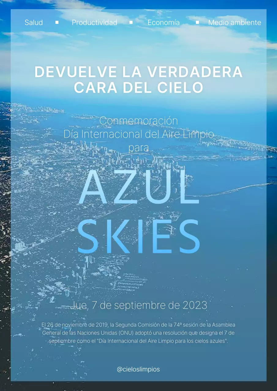 Anuncio de evento con fondo fotográfico de un moderno horizonte azul