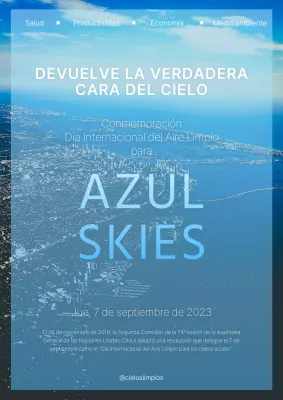 Anuncio de evento con fondo fotográfico de un moderno horizonte azul