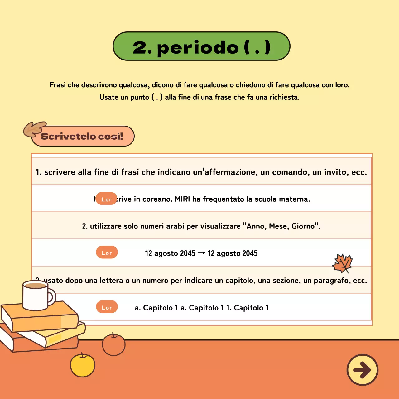Materiale didattico di lingua coreana con simpatiche illustrazioni in giallo e arancione