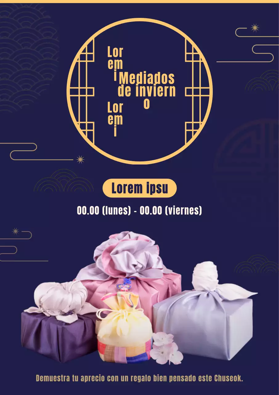 Este set de regalo Obon presenta un lujoso y limpio fondo azul marino con ilustraciones de motivos tradicionales e imágenes de furoshiki.