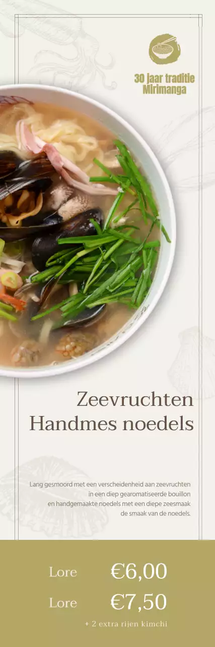 Ontwerp om een reeks noedelgerechten te promoten met illustraties van zeevruchten in beige en kaki.