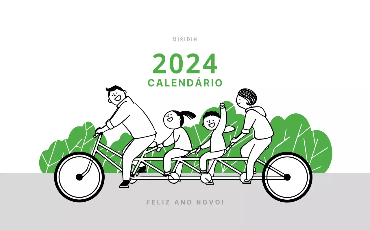 Calendário de secretária verde ilustrado com tema de família
