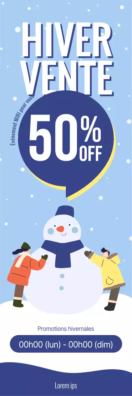 Des soldes pour les achats d'hiver avec une jolie illustration de bonhomme de neige et un texte qui met en évidence la réduction.