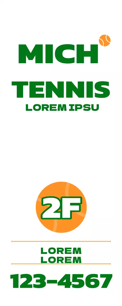 Werbung für eine Tennisschule mit einer Illustration von Tennisutensilien in Grün und Orange.