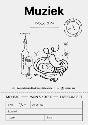 Zwart-wit geïllustreerd promotiebewijs voor liedjes