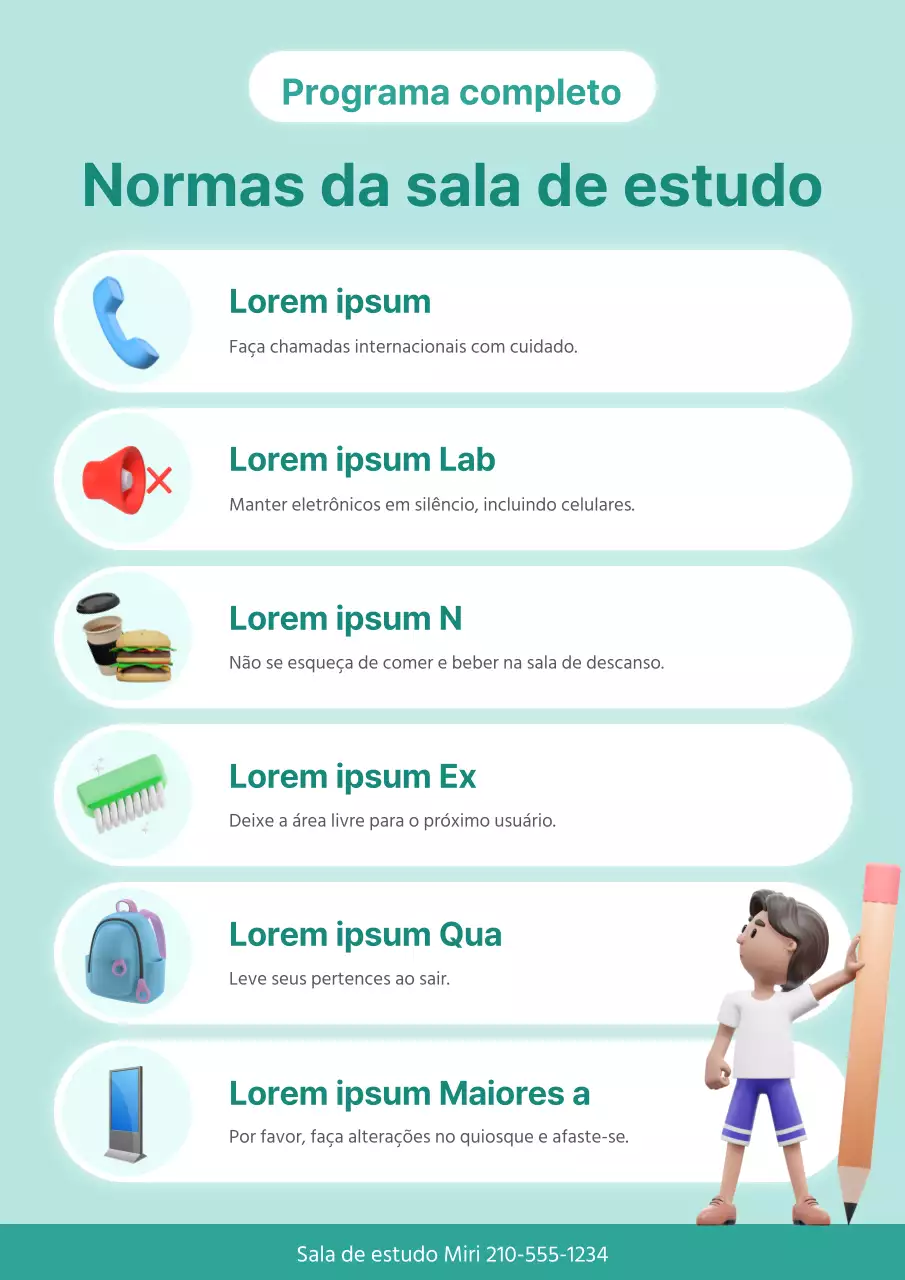 Uma sala de estudo simples, cor de menta, com regras de utilização