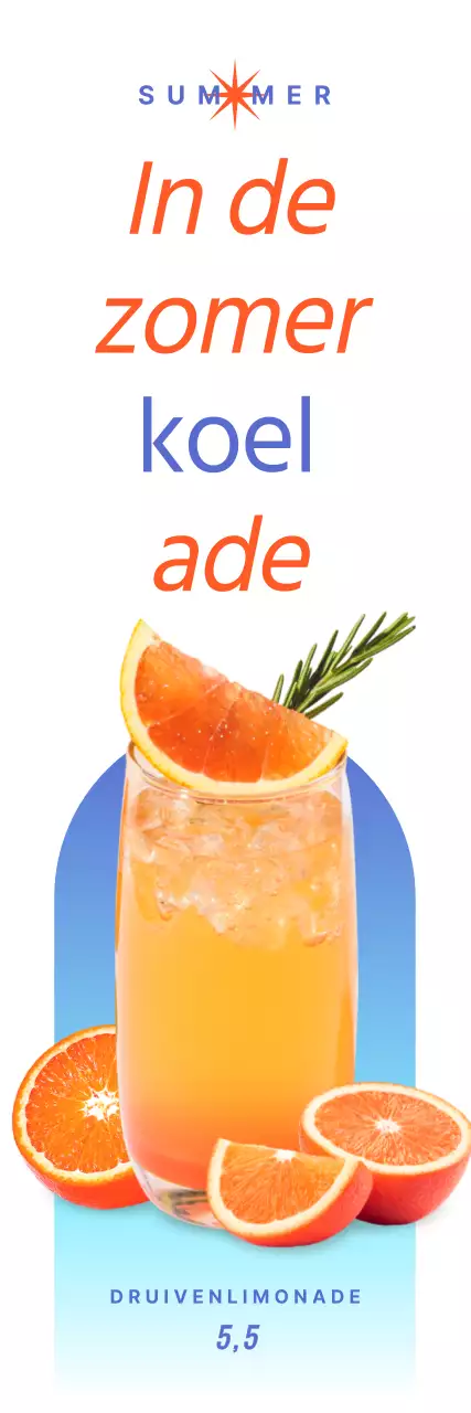 Een luchtige, zomers geïnspireerde banner buiten een café met tekst en foto-illustraties van zomerse drankjes.