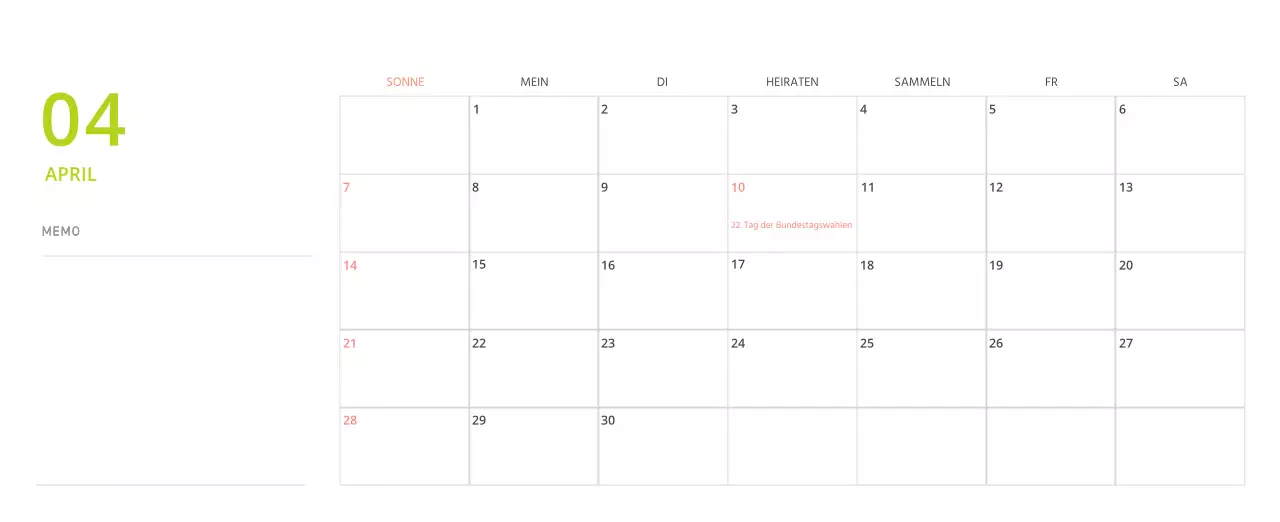 Niedlich illustrierter grüner Tischkalender mit Familienthemen