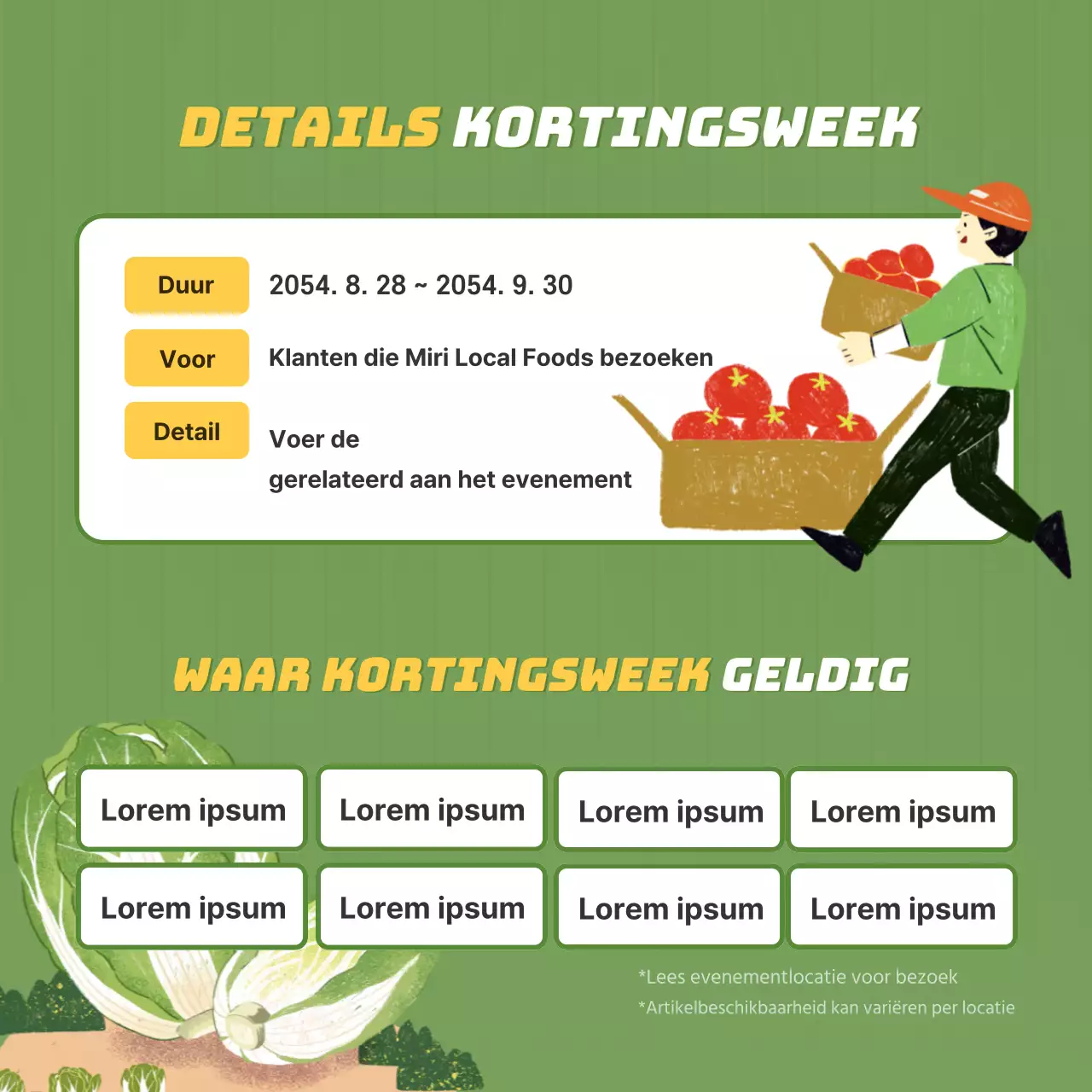 Een promotie voor een boerenmarkt met een limoengroene illustratie van groenten.