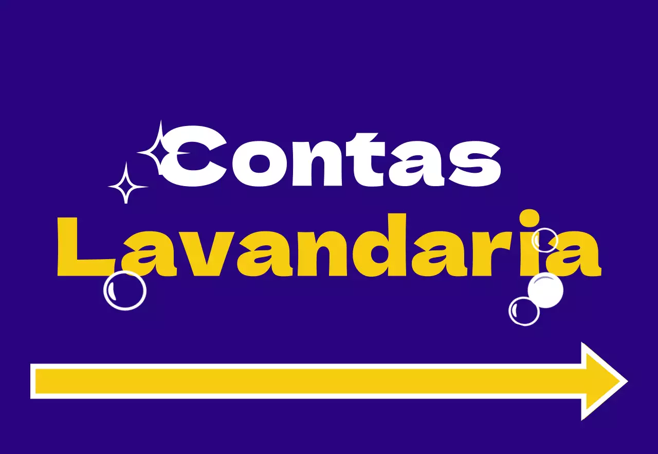 Sinalética de loja de fácil leitura com texto em azul, amarelo, laranja e branco sobre lavandaria e ilustrações de bolinhas, estrelas e setas.