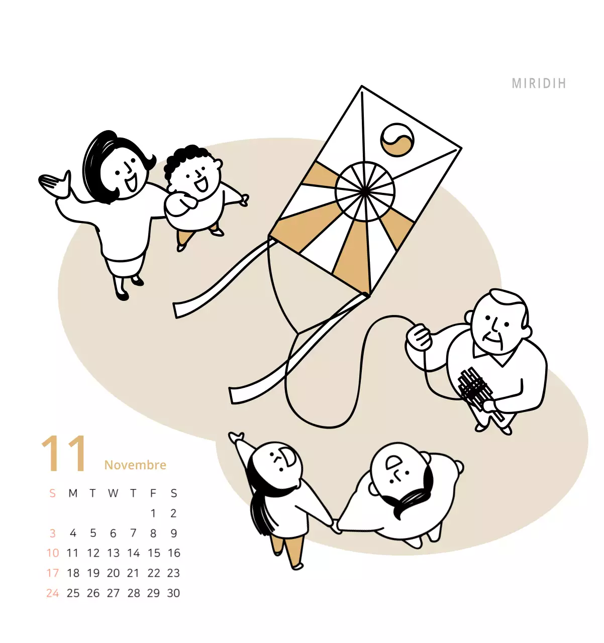 Simpatico calendario da tavolo illustrato verde a tema famiglia