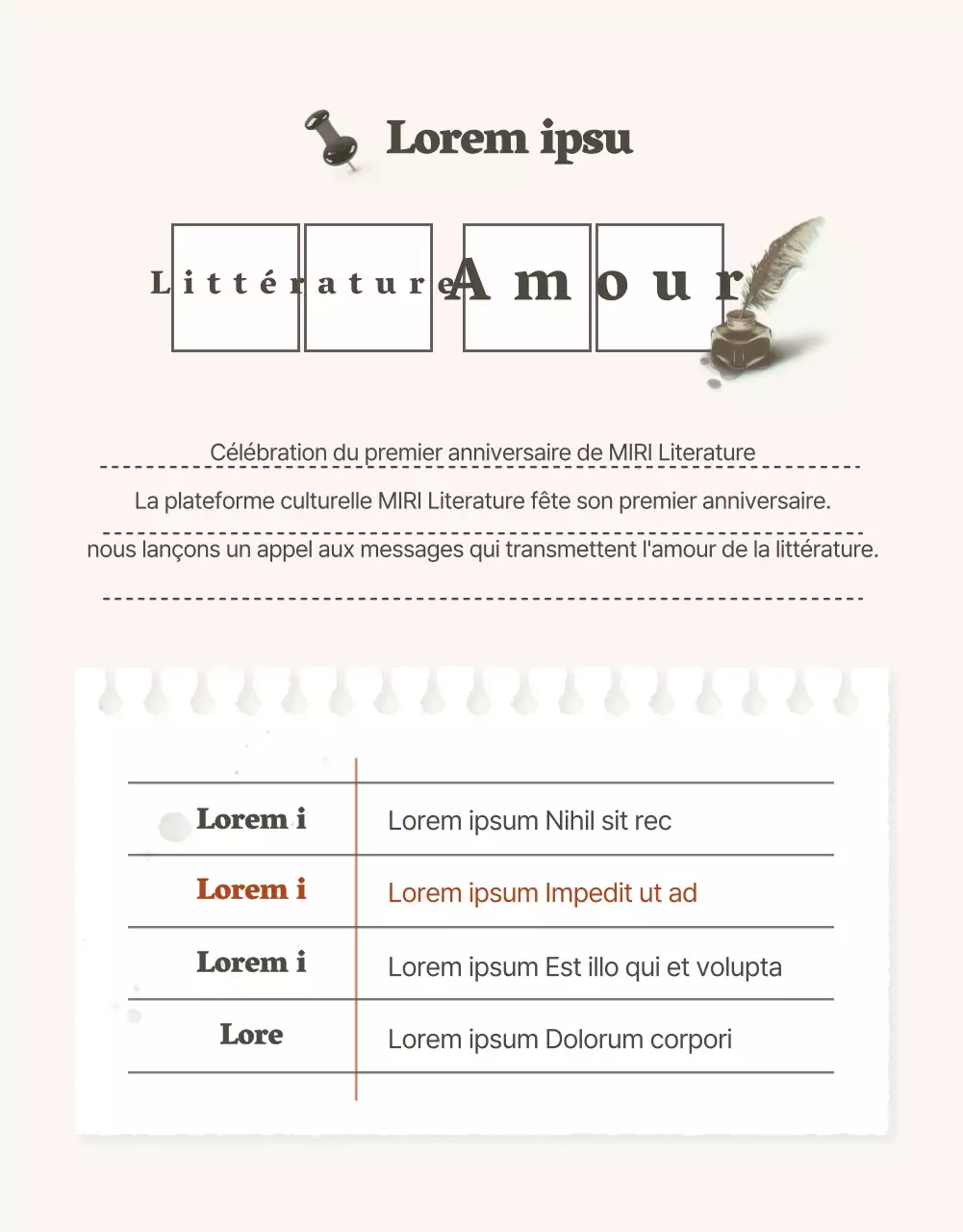 Annonce d'un concours pour un slogan littéraire d'amour de style vintage et simple en beige et marron.