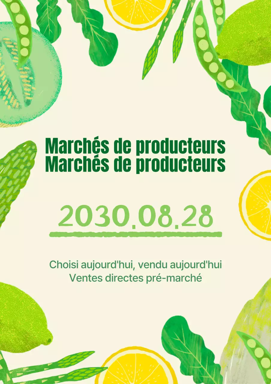 Contenu d'un marché de producteurs avec une illustration verte et dessinée