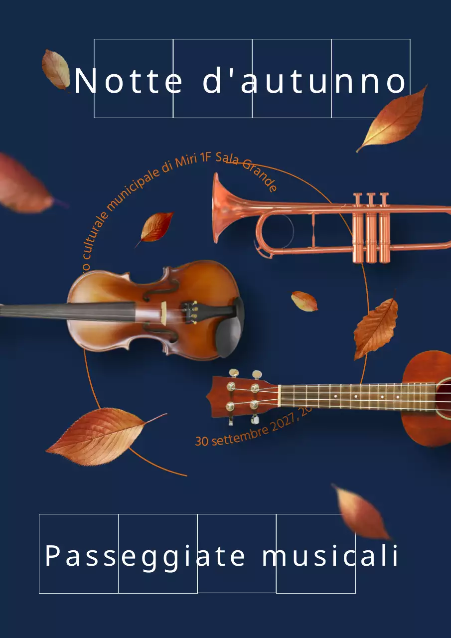 Blu navy marrone ordinato, scuro e calmo concetto autunno e strumento musicale combinazione di oggetti per promuovere concerti autunnali