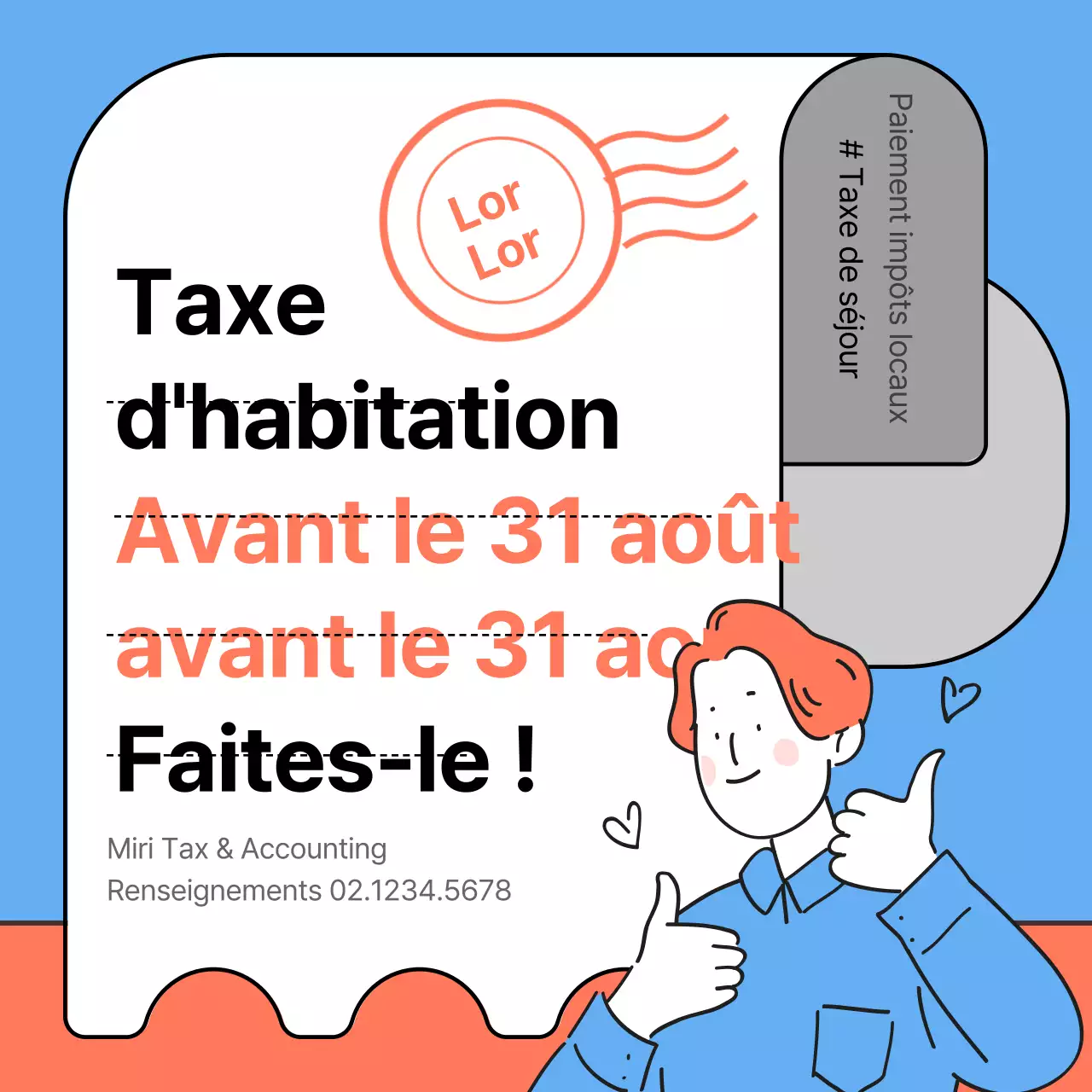 Illustration bleu clair et orange des instructions de paiement de la taxe de résidence