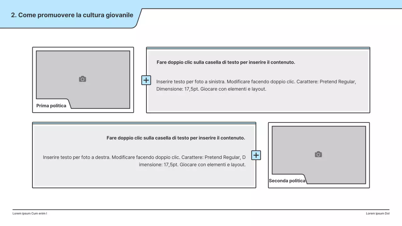 Una proposta politica con un'illustrazione pulita in azzurro e una forma a punto indice.