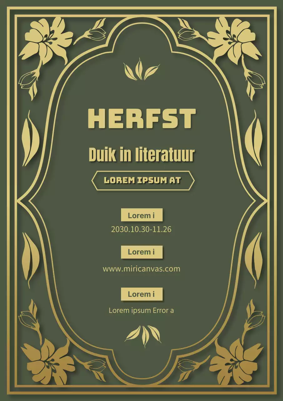 Vintage herfstbeurs met olijf- en goudkleurige bloemen en bladeren