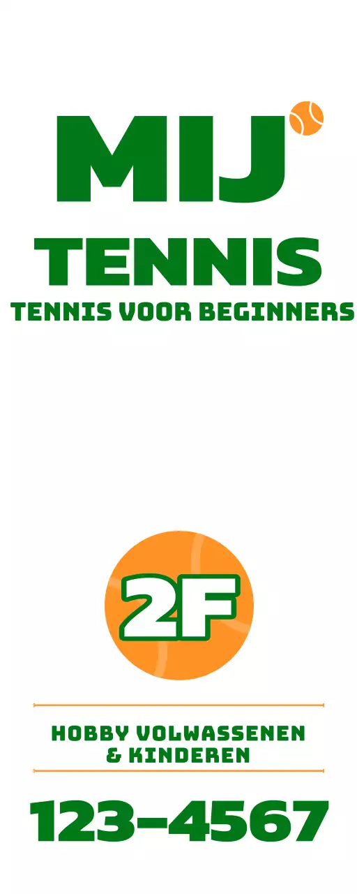Promotie van een tennisschool met een illustratie van tennisparafernalia in groen en oranje.