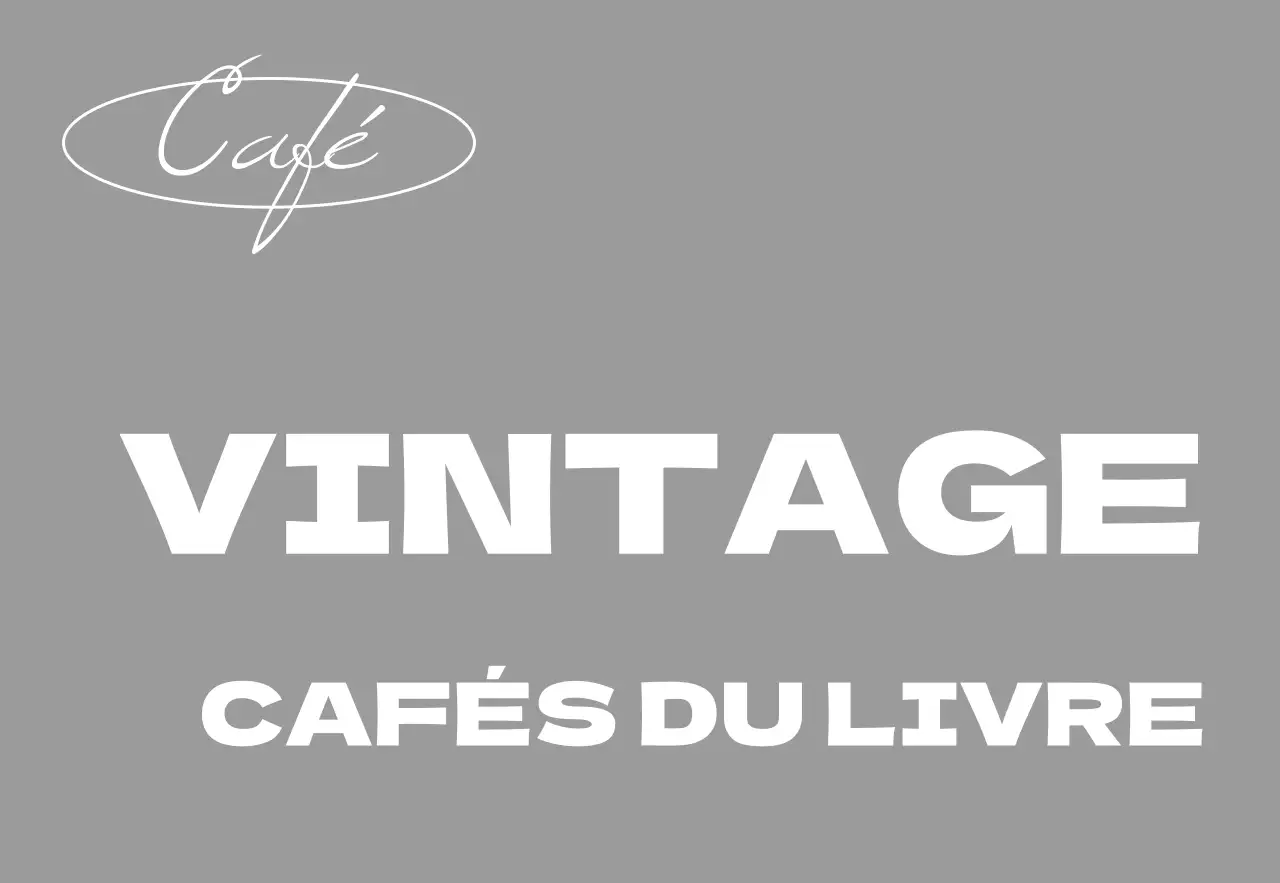 Une enseigne de magasin simple avec un texte en noir et blanc sur un café-livre vintage et des lignes circulaires.