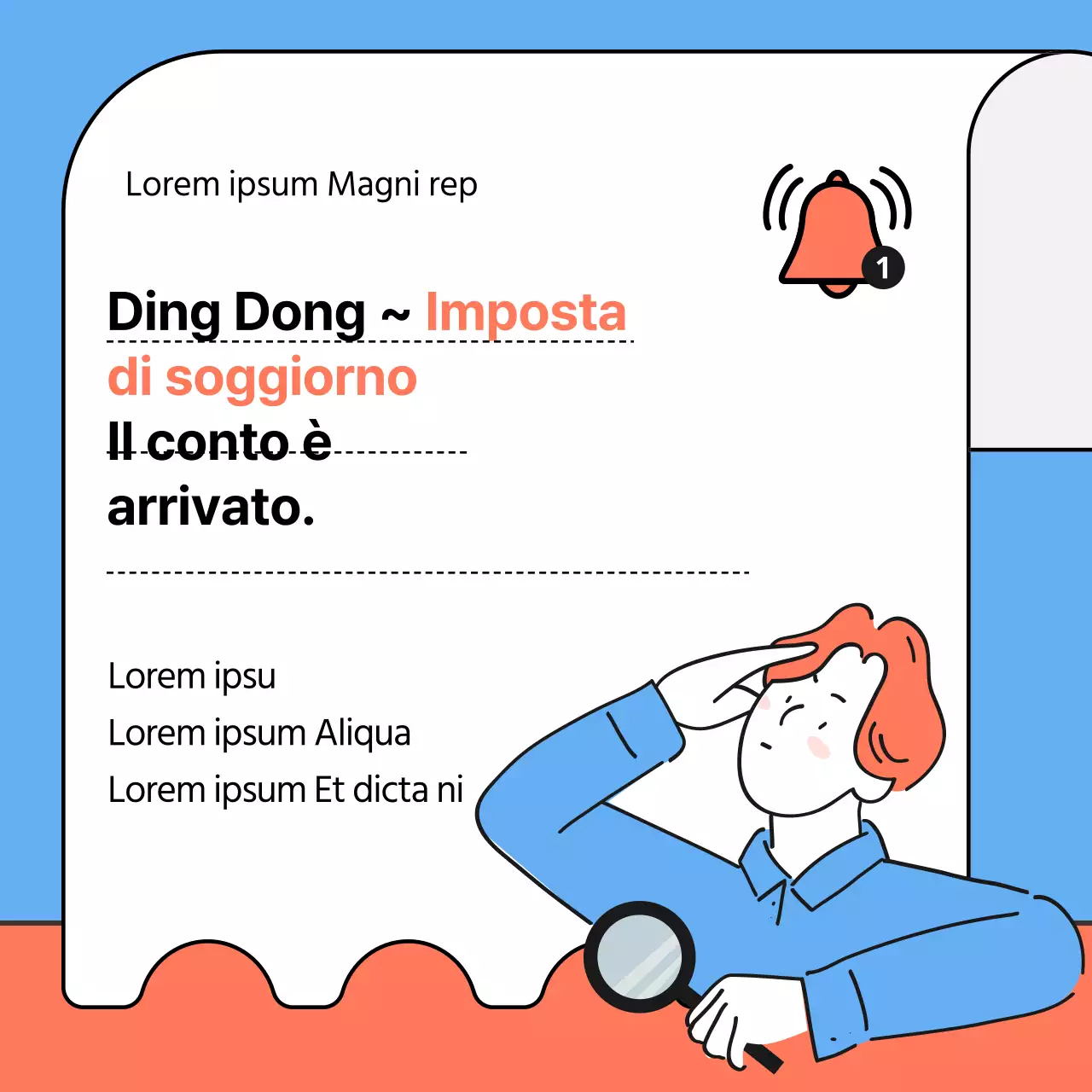 Illustrazione in azzurro e arancione delle istruzioni per il pagamento dell'imposta di soggiorno