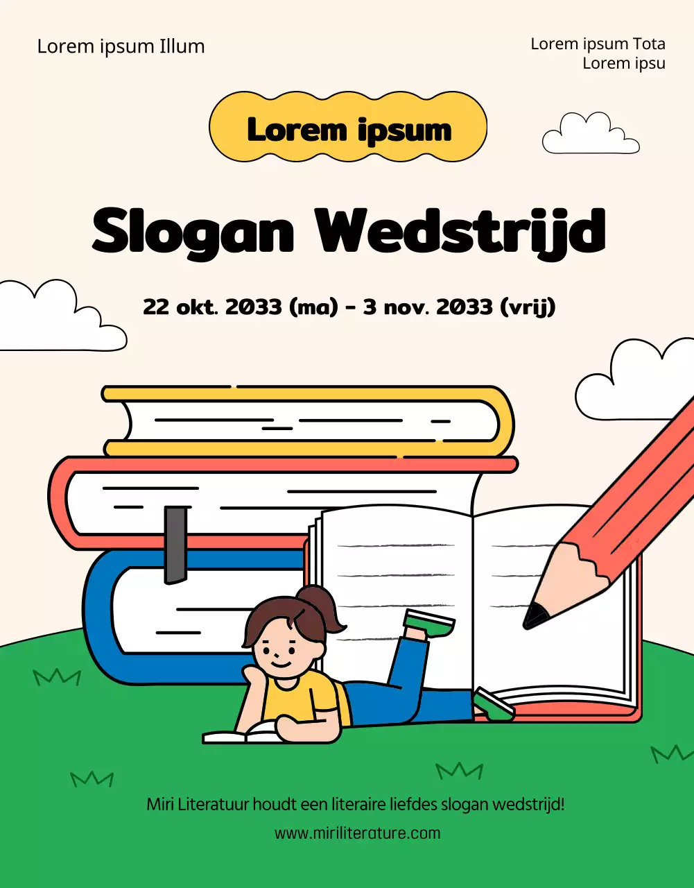 Groen en geel boek illustratie tagline wedstrijd