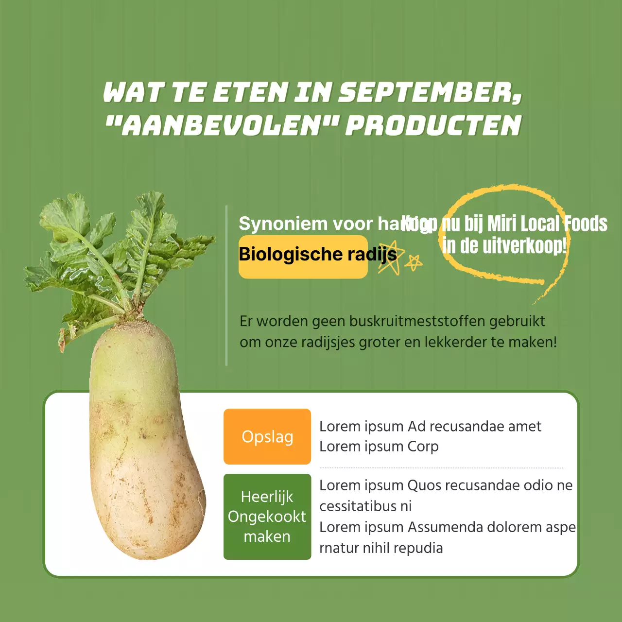 Een promotie voor een boerenmarkt met een limoengroene illustratie van groenten.