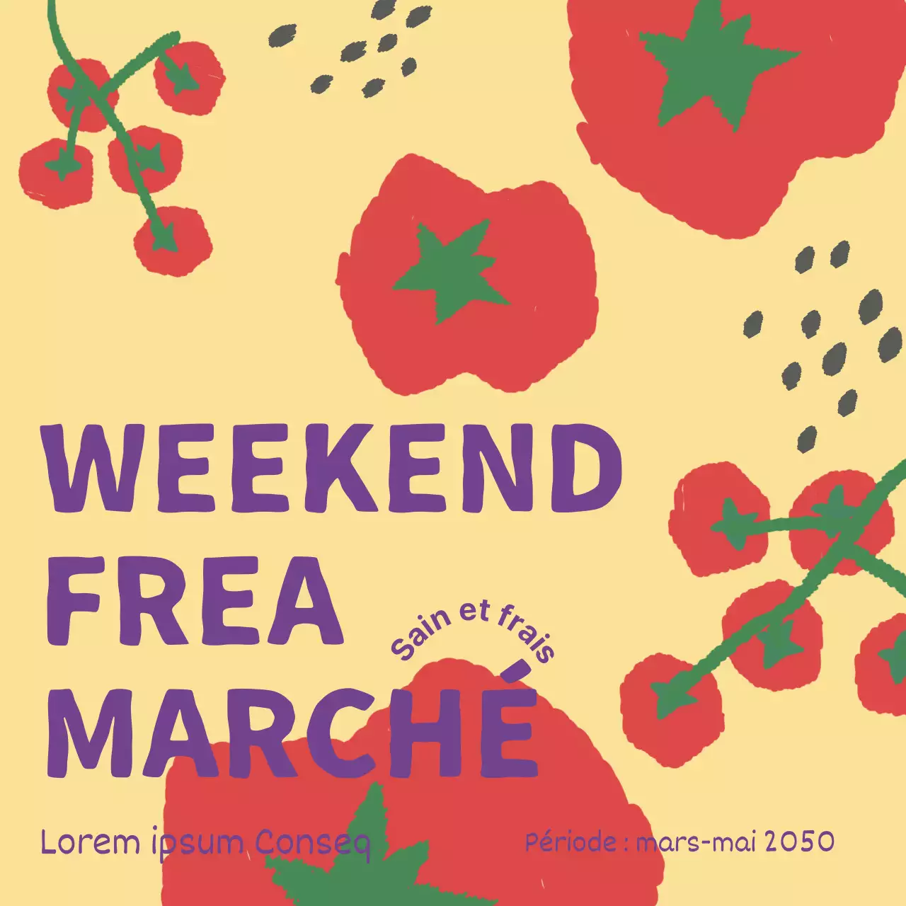 Promouvoir l'ouverture d'une pop de tomates rouges et jaunes sur un marché de producteurs.