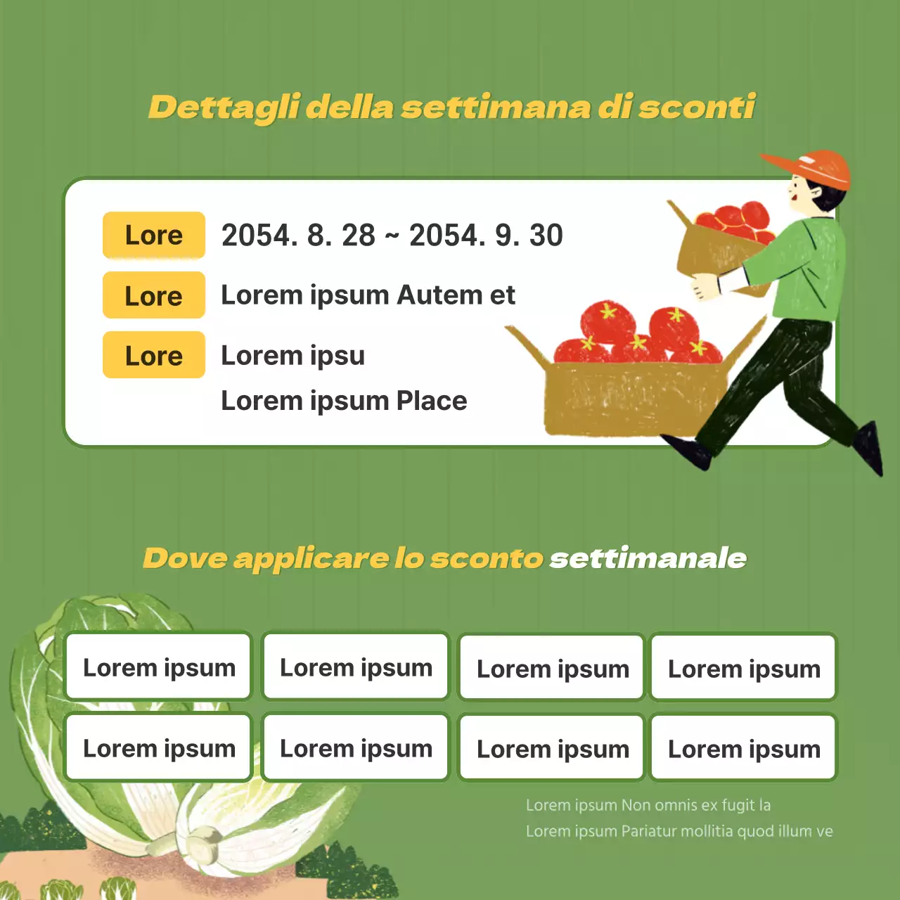 Promozione di un mercato agricolo con illustrazione di verdure in verde lime.