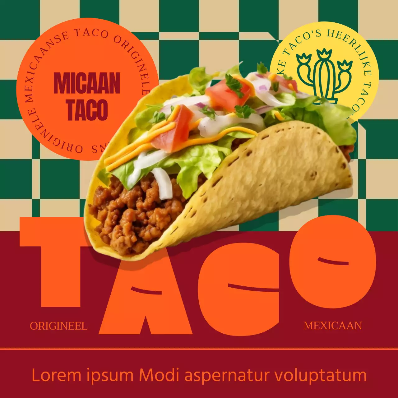 Hippe taco-advertentie in oranje en groen