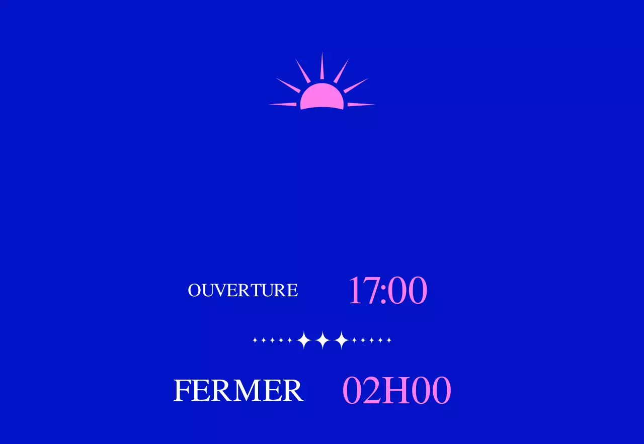 Promotion d'un bar à cocktails avec une illustration de soleil bleu et rose