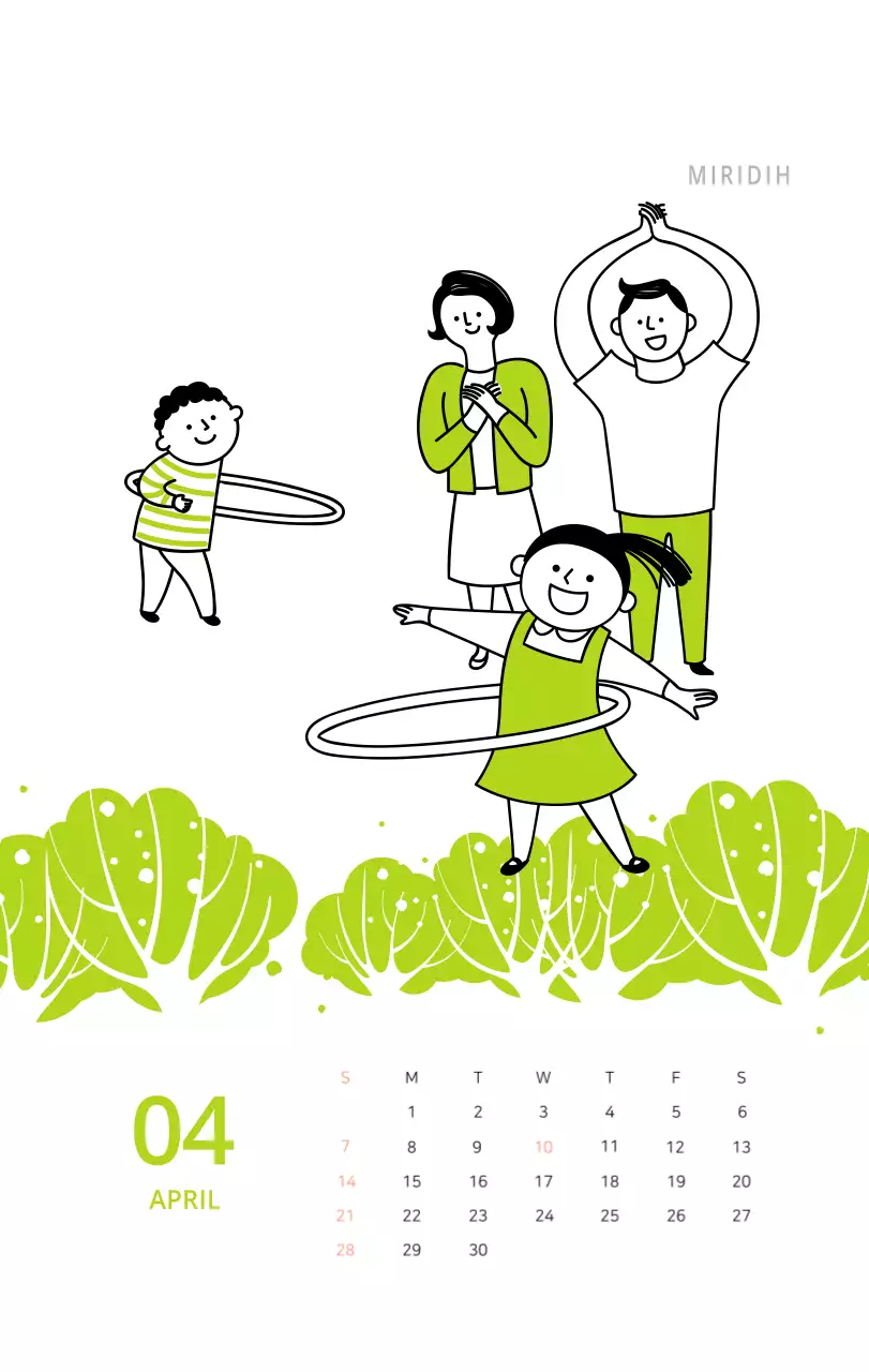 Schattige geïllustreerde groene bureaukalender met familiethema