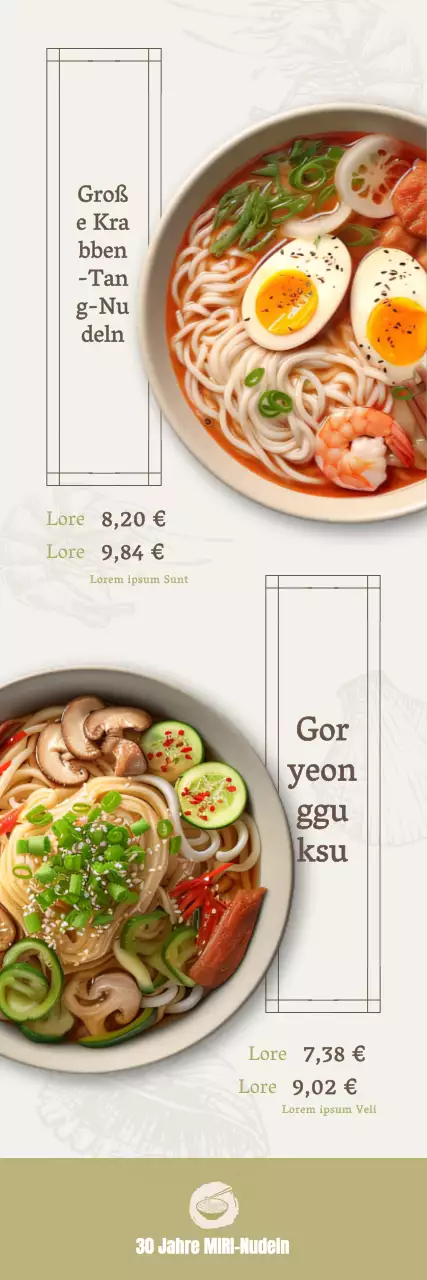 Design zur Bewerbung einer Reihe von Nudelgerichten mit Illustrationen von Meeresfrüchten in Beige und Khaki.