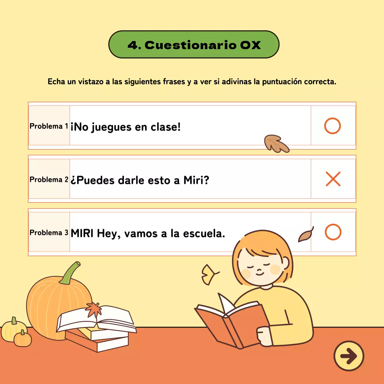 Material didáctico de coreano con simpáticas ilustraciones en amarillo y naranja