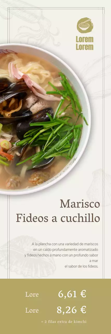 Diseño para promocionar una gama de platos de fideos con ilustraciones de marisco en beige y caqui.