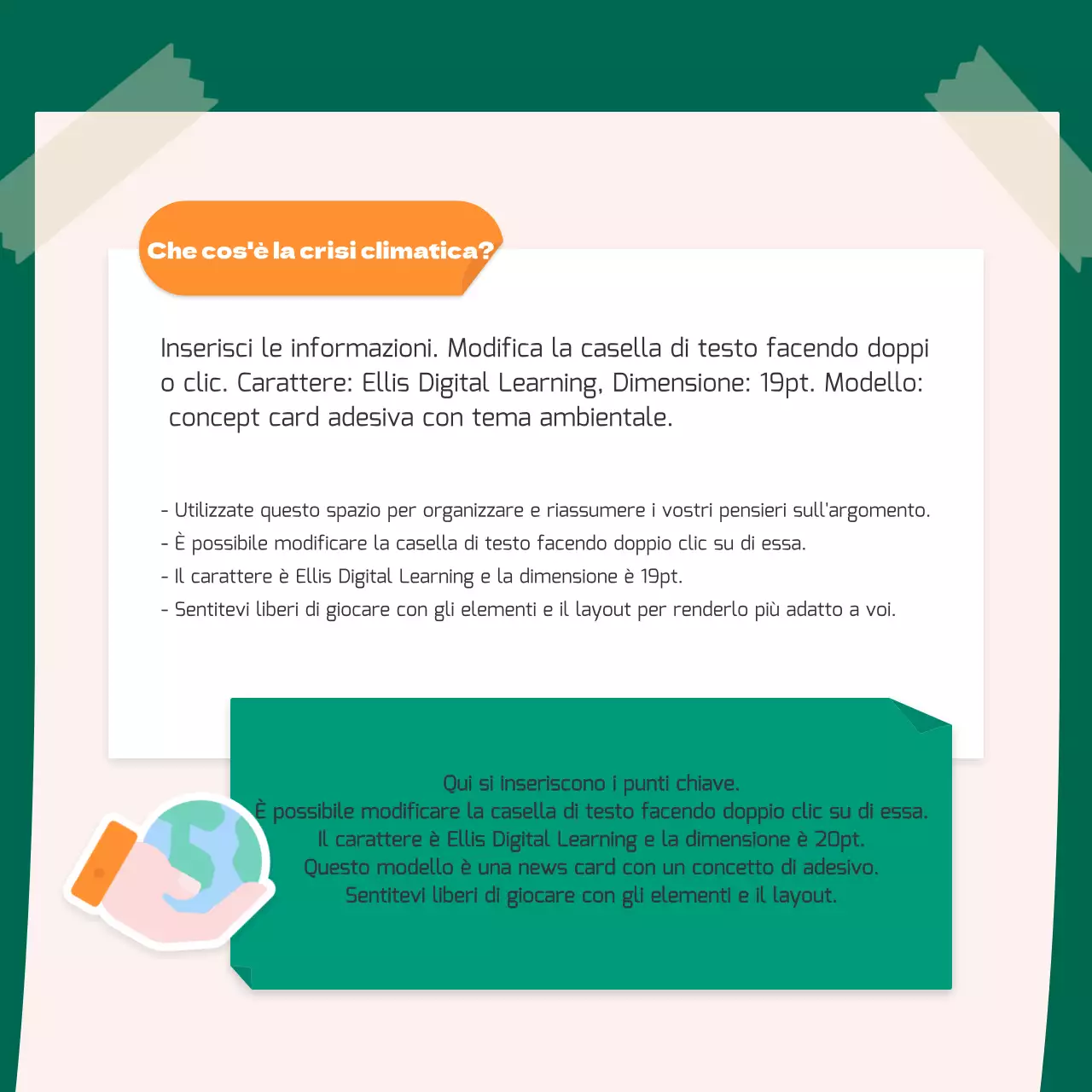 Un simpatico concetto di adesivo arancione e verde per l'ambiente CardNews