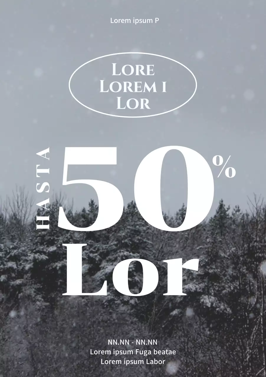 Cartel de rebajas de invierno con un gran descuento sobre un fondo de árboles nevados