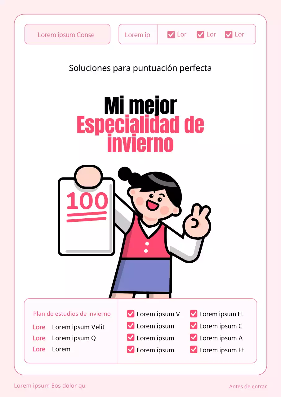 Promociona un centro de enseñanza con un concepto de hoja de examen en el que aparece una ilustración de un estudiante sujetando una hoja de examen rosa.
