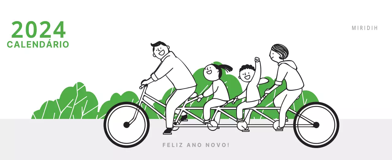 Calendário de secretária verde ilustrado com tema de família