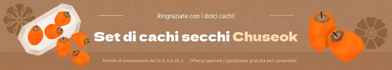 Promozione per il pre-ordine del set di cachi secchi Chuseok, con un'illustrazione ad acquerello di cachi secchi su sfondo marrone.