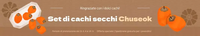 Promozione per il pre-ordine del set di cachi secchi Chuseok, con un'illustrazione ad acquerello di cachi secchi su sfondo marrone.