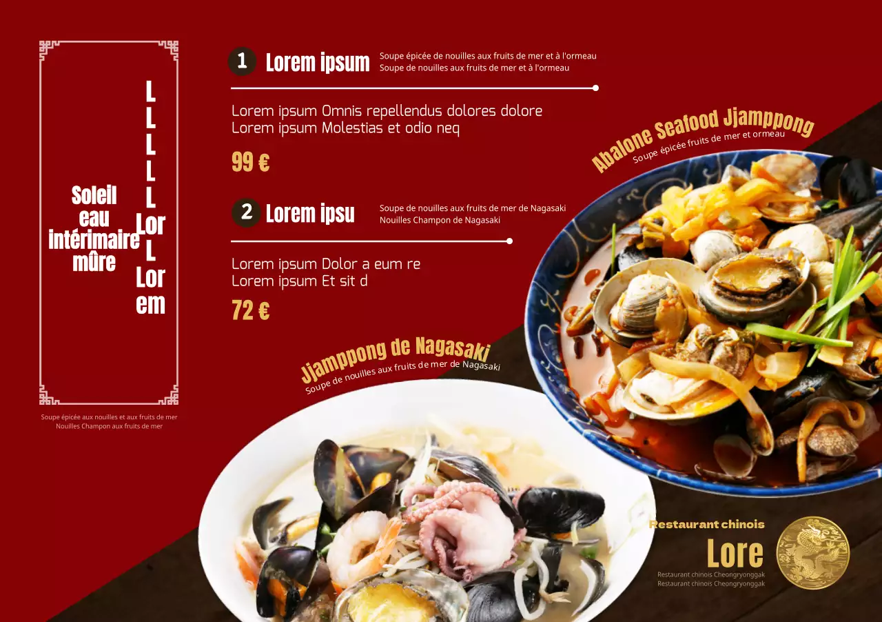 Introduire un menu pour un restaurant chinois avec une grande photo d'un jjamppong en rouge et noir avec un concept oriental.