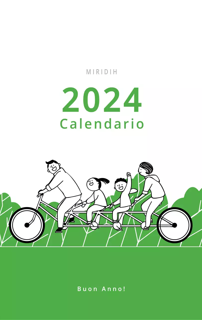 Simpatico calendario da tavolo illustrato verde a tema famiglia