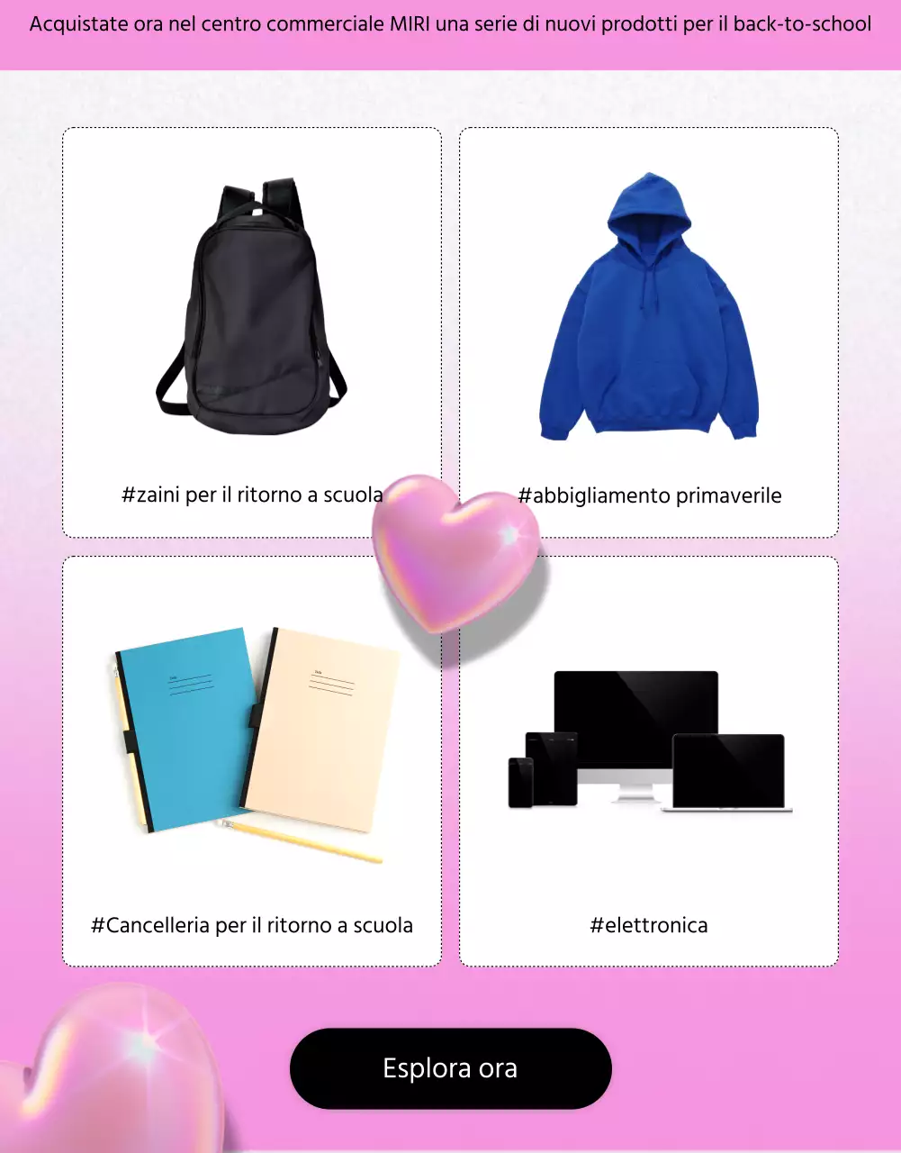 Evento di ritorno a scuola con cuori 3D neri e rosa