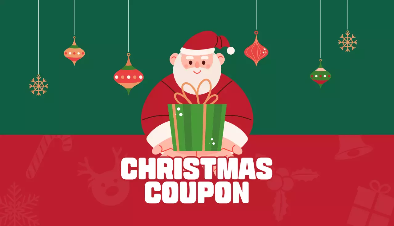 緑と赤のサンタクロースとクリスマスデコレーションのイラストが描かれたかわいいコンセプトのクリスマス用割引クーポン