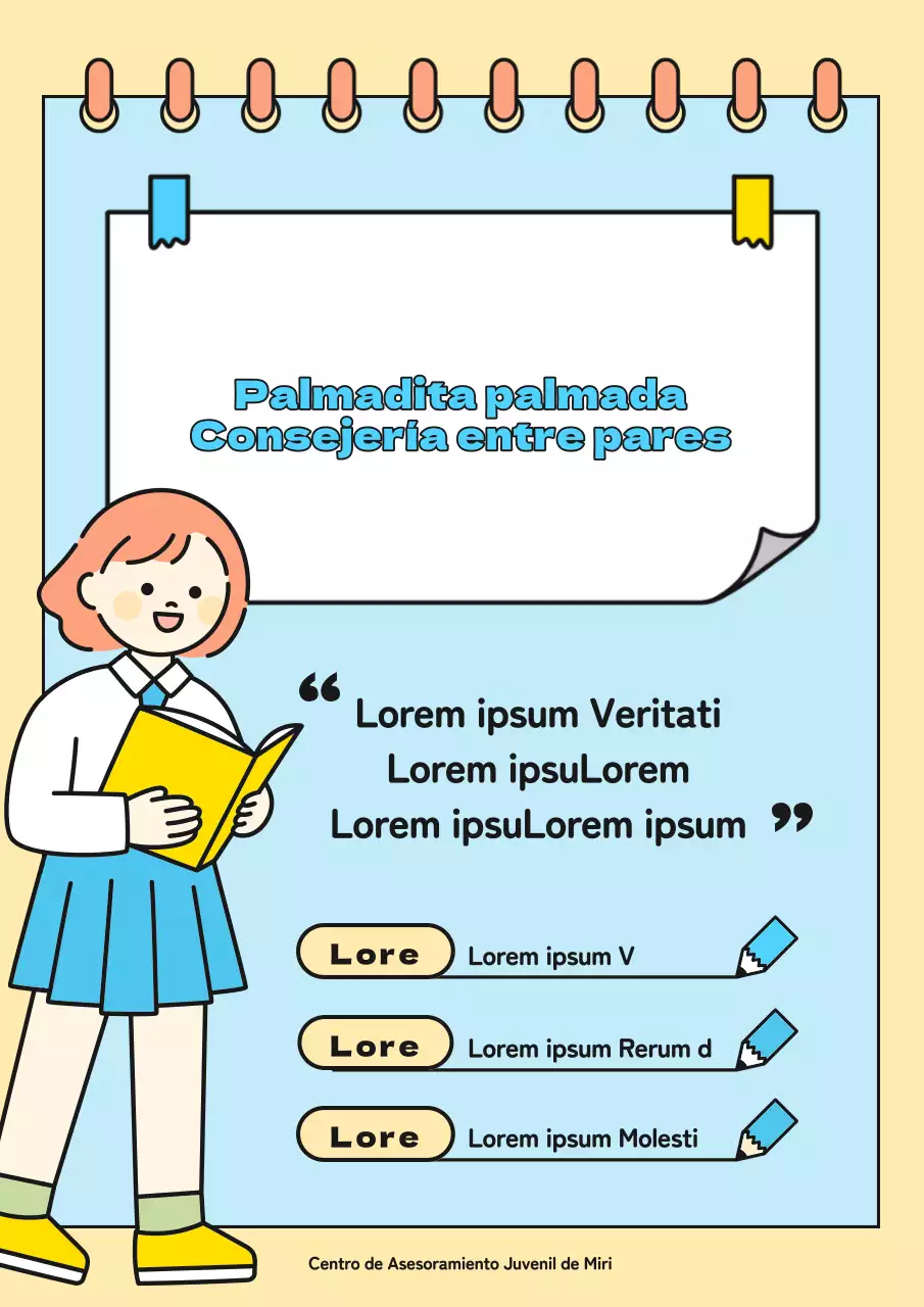 Simpática ilustración en azul claro y amarillo Se buscan asesores inter pares