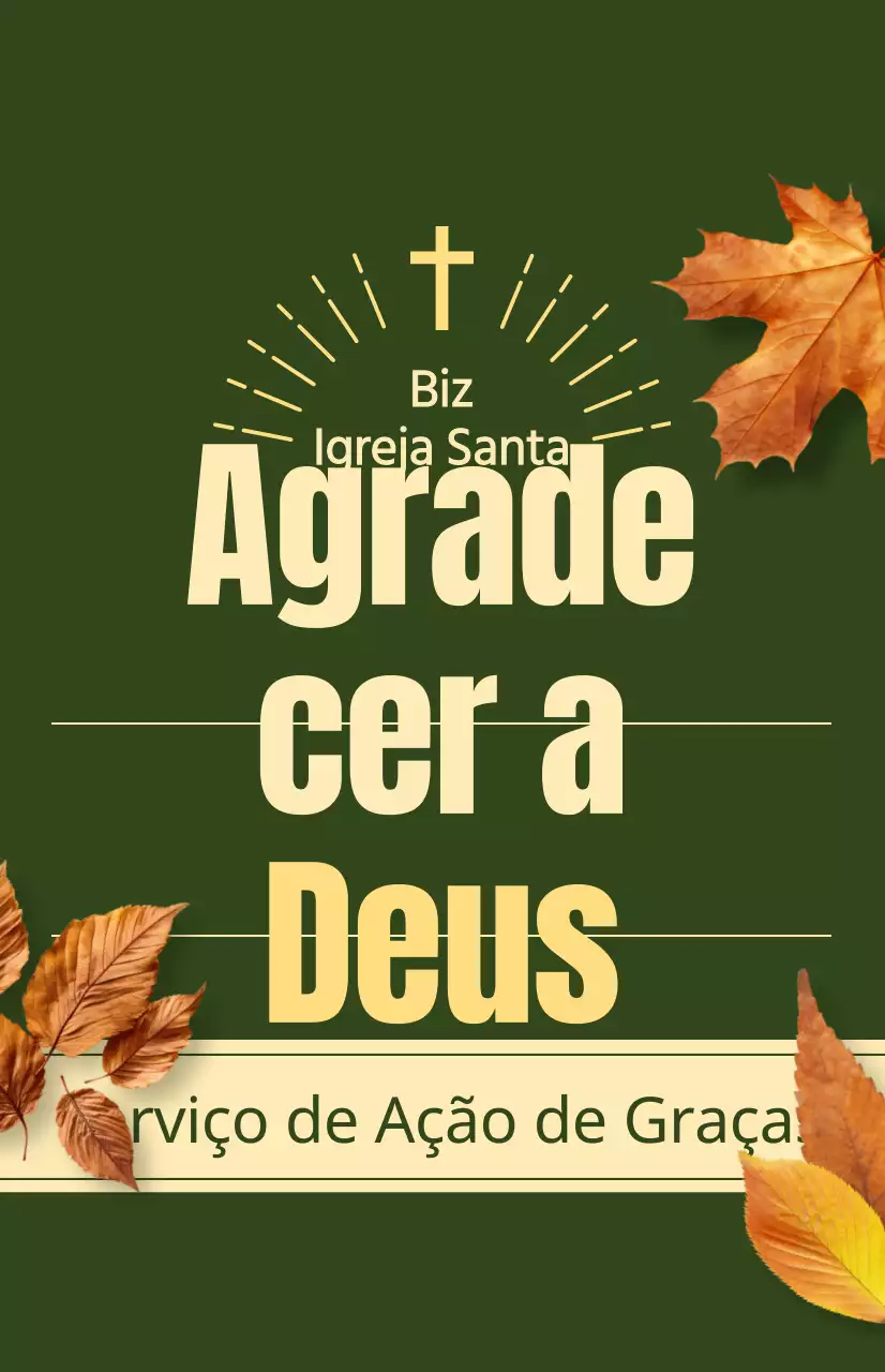 Promoção de um serviço religioso de outono com texto relacionado com a Ação de Graças e uma ilustração fotográfica de folhas a cair.