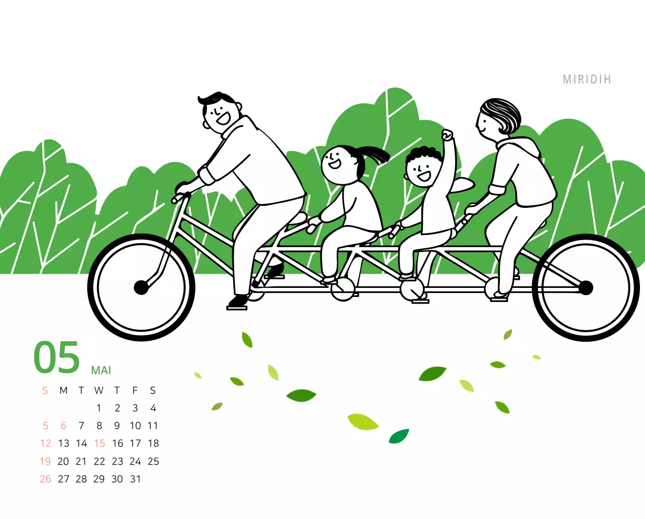 Calendrier de bureau illustré vert sur le thème de la famille